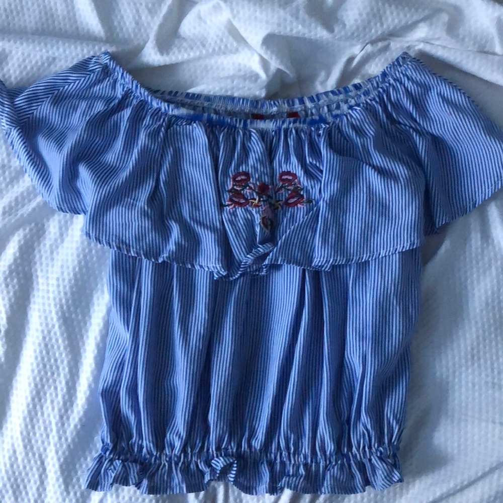 blue and white striped off the shoulder crop top